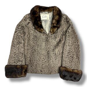 Vtg Faux Brown Persian Lamb Coat w/ Mink Collar Cuffs Greenblatts Furs 44” Bust